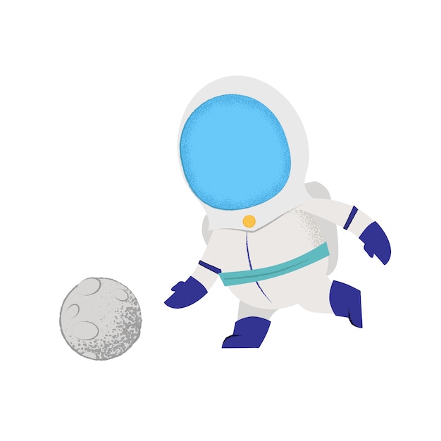 Cosmonaute jouant avec la lune comme une balle. Caractère, jeu, sport.