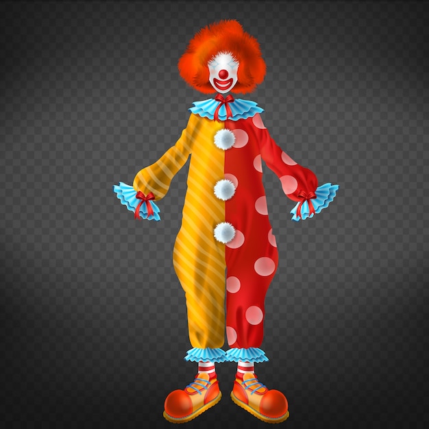 Vecteur gratuit costume de clown avec de grandes chaussures amusantes, une perruque rouge, un masque et un nez rouge