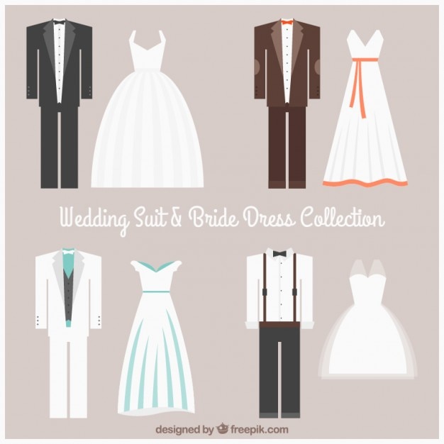 Vecteur gratuit costume de mariage et collection de robe de mariée