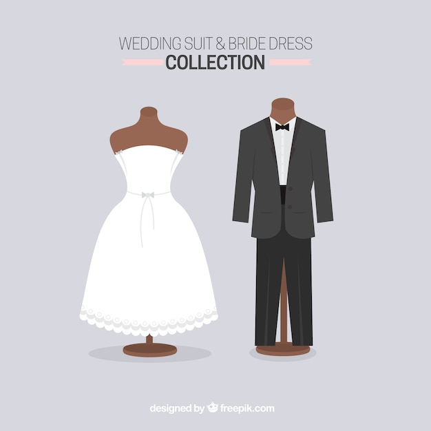 Vecteur gratuit costume de mariage mignon et robe de mariée