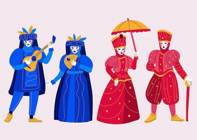 Vecteur gratuit costumes de personnage de carnaval vénitien foncé bleu et rouge