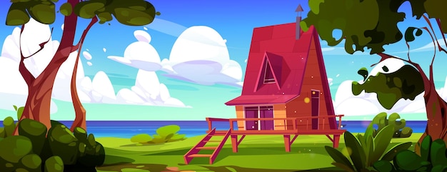 Vecteur gratuit cottage en bois près du lac sur un paysage naturel avec des arbres verts hut ou petite villa pour des vacances d'été sur la mer coût illustration vectorielle de dessins animés maison de cabane avec une belle vue