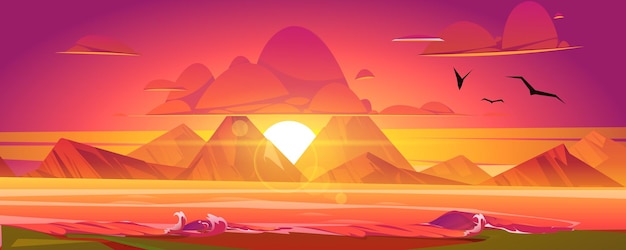 Coucher de soleil sur l'océan, ciel rouge avec soleil descendant la mer entourée de montagnes. Fond de paysage scénique de belle nature, goélands de vue de ciel de soirée volant au-dessus de l'eau, illustration de vecteur de dessin animé