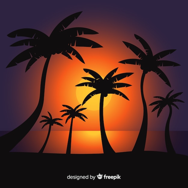 Vecteur gratuit coucher de soleil sur la plage avec des silhouettes de palmiers