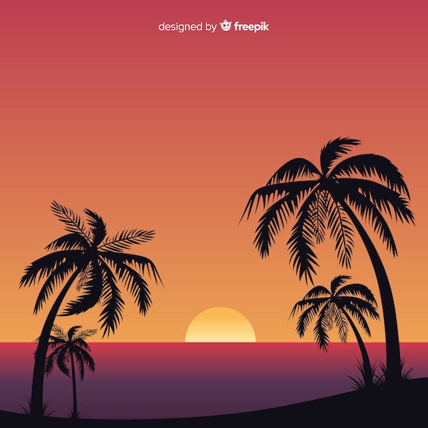 Coucher de soleil sur la plage avec des silhouettes de palmiers