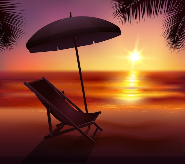 Coucher de soleil salon et parasol sur la plage