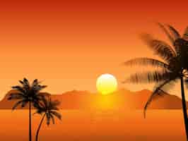 Vecteur gratuit coucher soleil tropical avec des palmiers