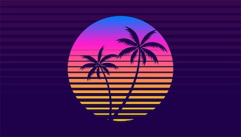 Coucher de soleil tropical de style rétro classique des années 80 avec palmier