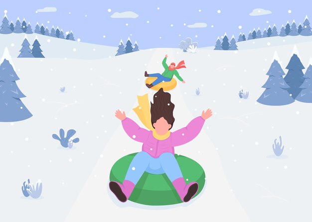 Couleur Plate De Luge De Colline De Neige Conduire Des Tubes A Neige Anneaux Gonflables Activites Hivernales En Plein Air Sports De Neige Personnages De Dessins Animes 2d Excites Avec Des Montagnes