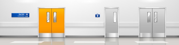 Couloir d'hôpital vide avec portes doubles, intérieur du hall dans les portes métalliques de la clinique médicale vers le laboratoire et les toilettes
