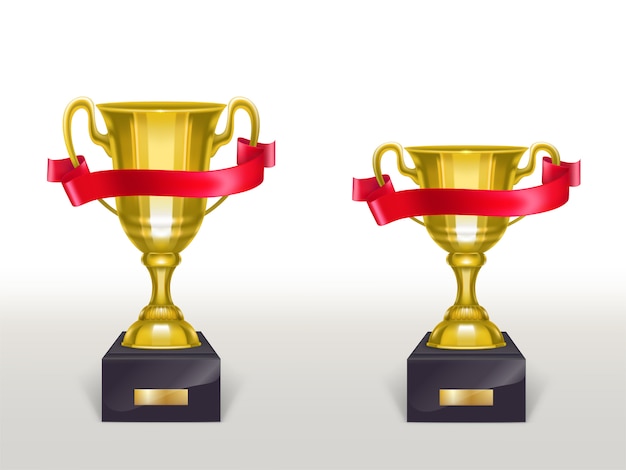 Coupe réaliste 3D sur piédestal avec ruban rouge, trophée d&#39;or sur le support avec bande