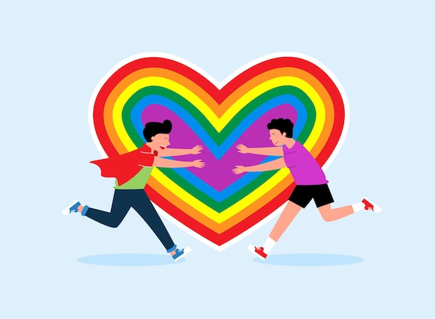 Couple Aimant Courir Vers L'autre Gay Sur Le Fond Du Coeur Lgbt