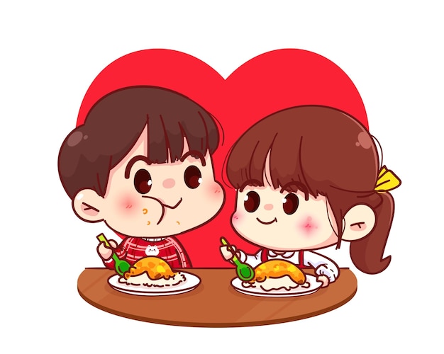 Couple d'amoureux mangeant ensemble, joyeuse Saint-Valentin, illustration de personnage de dessin animé