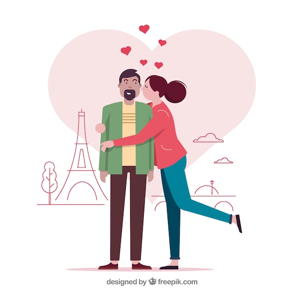 Vecteur gratuit couple d'amoureux à paris avec un design plat