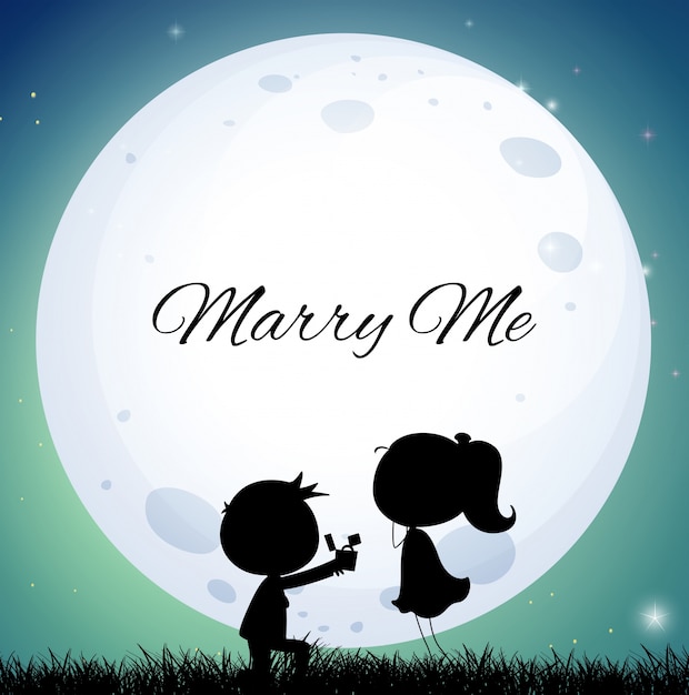 Vecteur gratuit couple d'amoureux proposant un mariage la nuit de la pleine lune