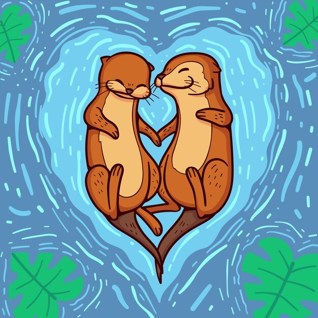 Couple d'animaux dessinés à la main pour la saint-valentin