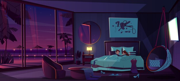 Couple, coucher, reposer, lit, dormir, appartements confortables, passer la nuit, chambre d&#39;hôtel, à, vitres