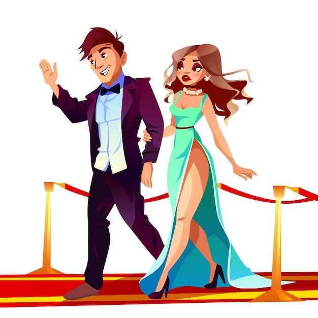 Vecteur gratuit couple de dessin animé de célébrités sur le tapis rouge. belle femme en robe longue