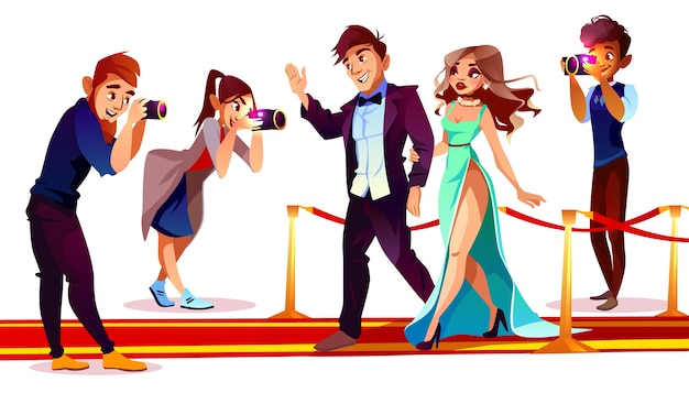 Vecteur gratuit couple de dessin animé de célébrités sur tapis rouge avec des paparazzi