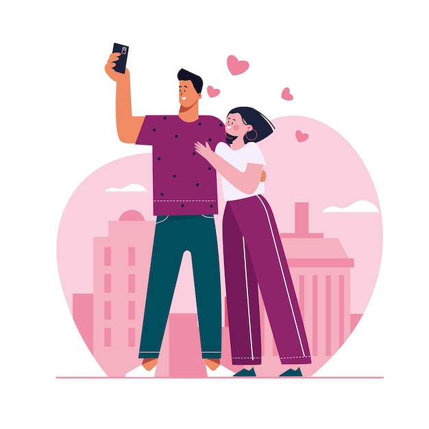Couple dessiné main prenant selfie avec smartphone