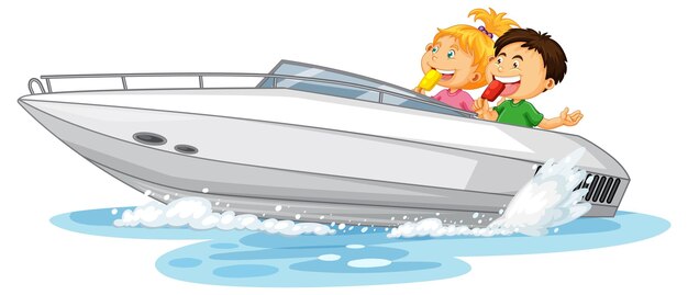 Couple enfants sur bateau rapide sur fond blanc