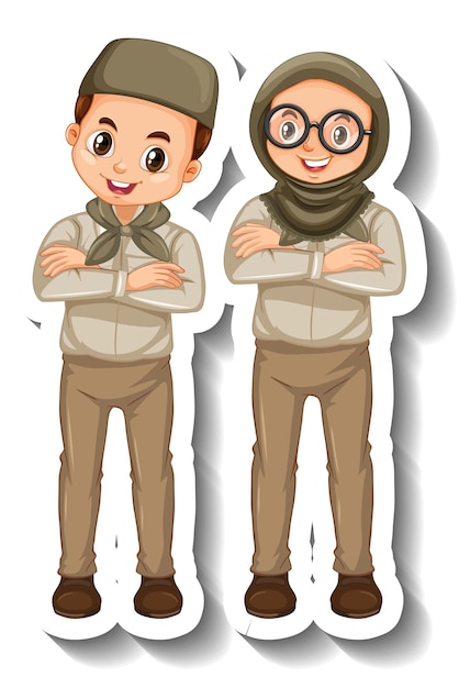 Un Couple D'enfants Musulmans Portent Un Autocollant De Personnage De Dessin Animé De Tenue De Safari