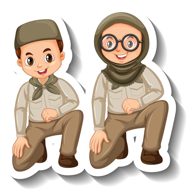 Un couple d'enfants musulmans portent un autocollant de personnage de dessin animé de tenue de safari