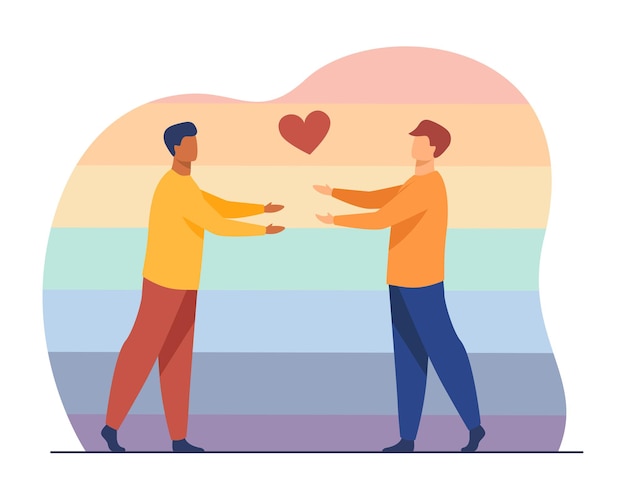 Couple gay masculin amoureux. symbole du coeur, câlin, fond arc-en-ciel. illustration de bande dessinée