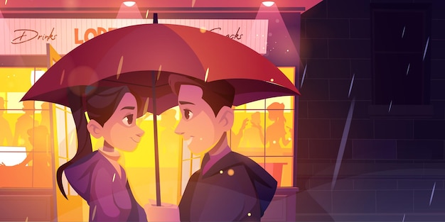 Vecteur gratuit un couple d'histoire d'amour se tient sous un parapluie dans une rue de nuit pluvieuse devant une fenêtre de café rougeoyante romantique r ...