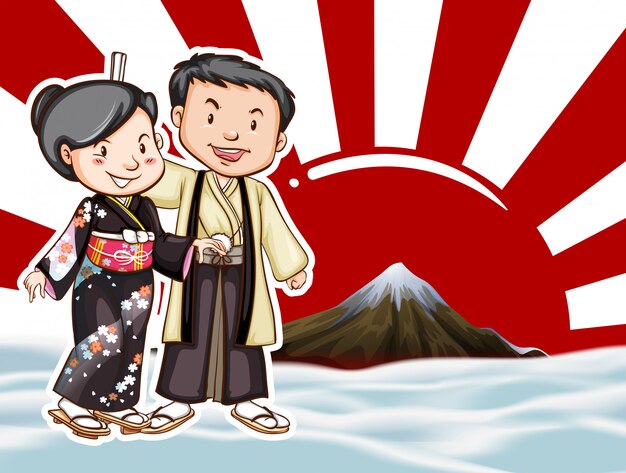 Vecteur gratuit couple japonais avec vue sur la montagne