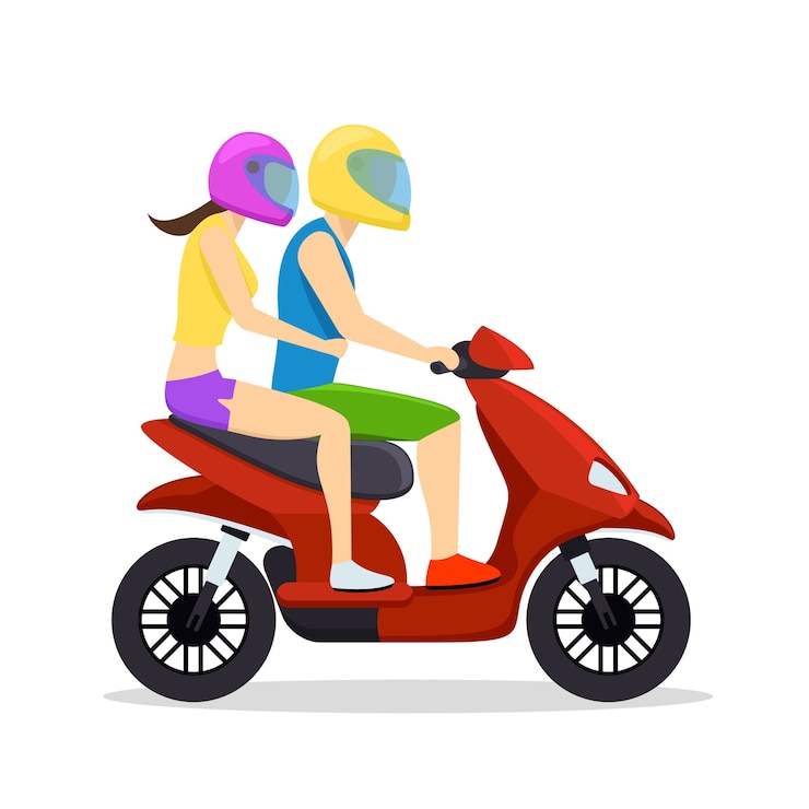 Vecteur gratuit couple de jeune homme et femme à cheval sur scooter. symbole de transport, cyclomoteur et moto.