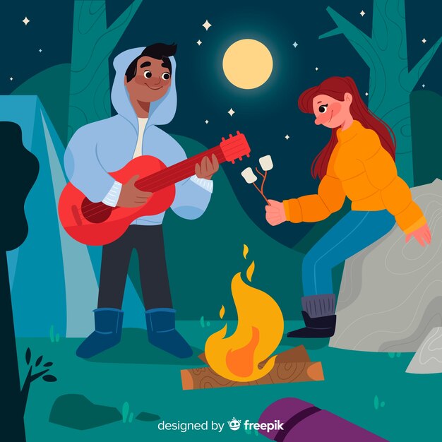 Couple jouant de la guitare lors d'une nuit de pleine lune