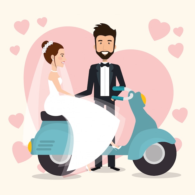 Vecteur gratuit couple juste marié en personnages d'avatars de moto