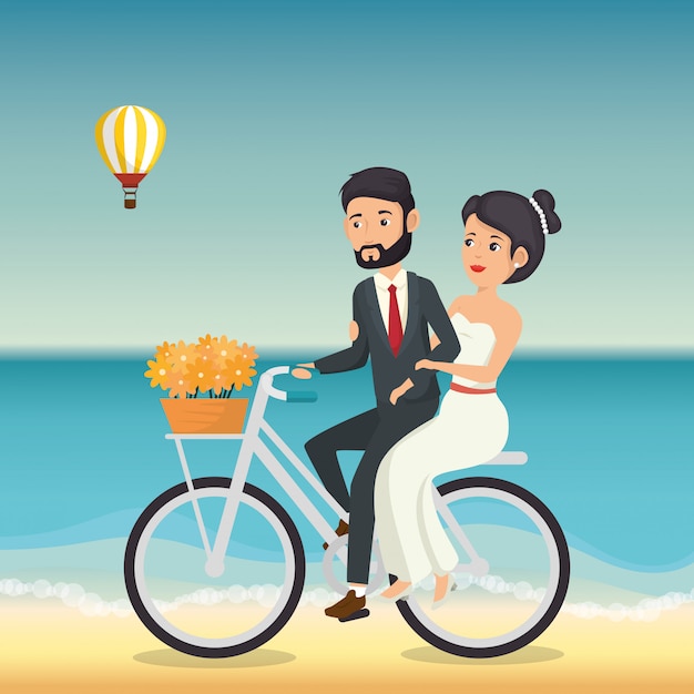 Vecteur gratuit couple juste marié sur la plage avec vélo