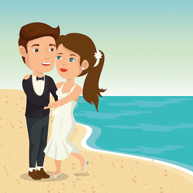 Vecteur gratuit couple juste marié sur la plage