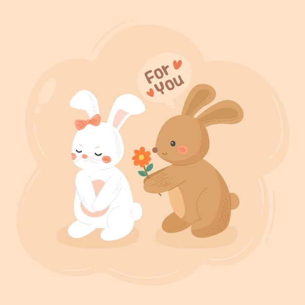 Vecteur gratuit couple de lapin de la saint-valentin dessiné à la main