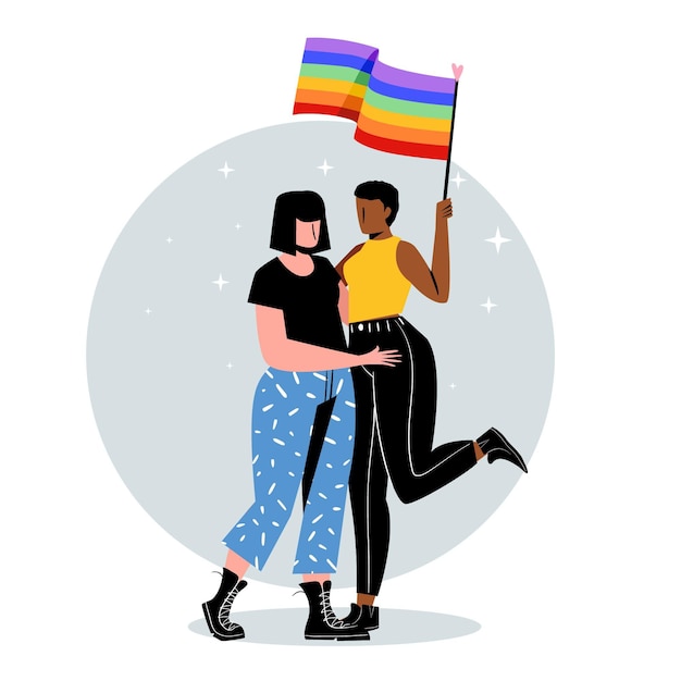 Couple De Lesbiennes Avec Drapeau Lgbt Illustré