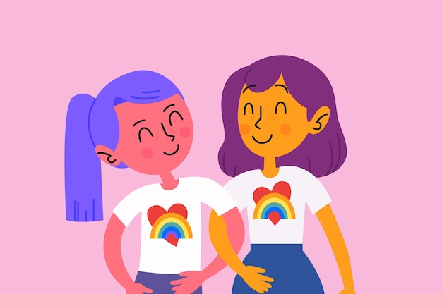 Vecteur gratuit couple de lesbiennes avec drapeau lgbt sur leur t-shirt