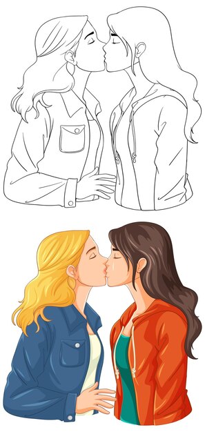 Un couple de lesbiennes embrassant le contour de doodle
