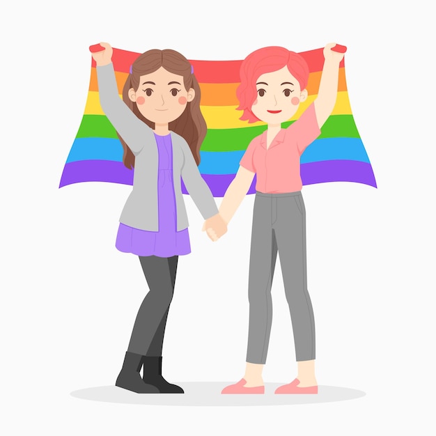 Vecteur gratuit couple de lesbiennes plat organique avec drapeau lgbt