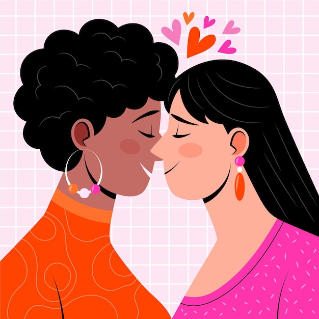 Un couple de lesbiennes s'embrasse dans un style design plat