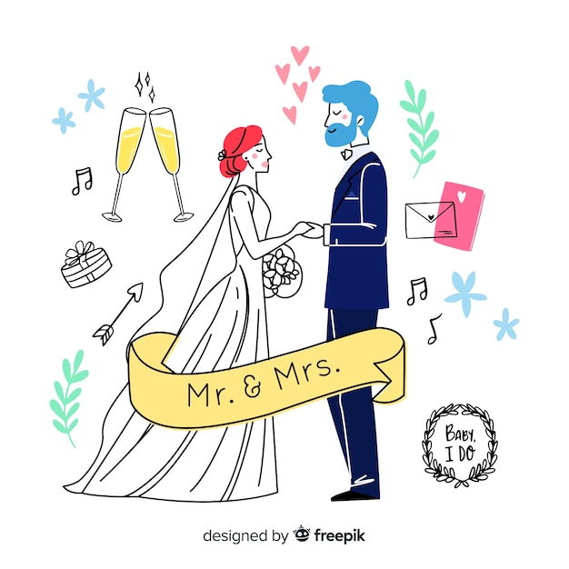 Couple De Mariage Dessiné à La Main Avec Des éléments