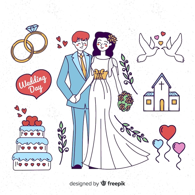 Vecteur gratuit couple de mariage dessiné à la main avec des éléments