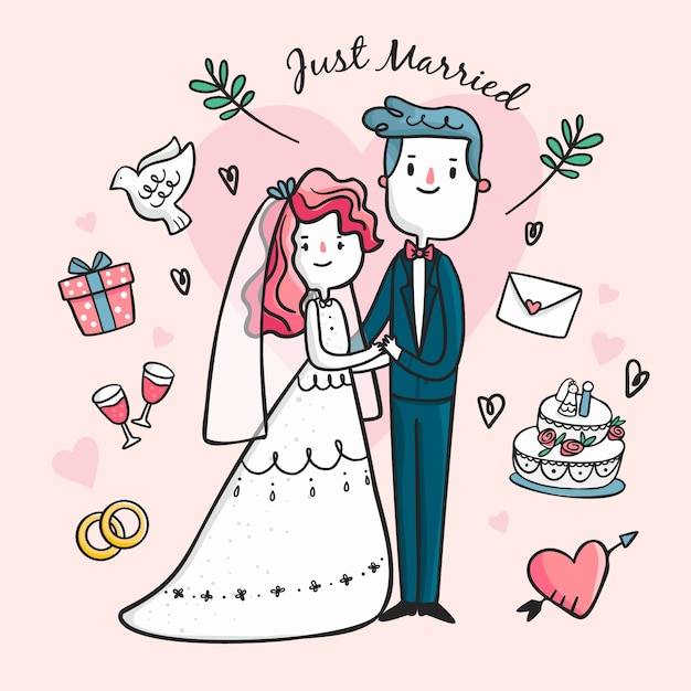 Vecteur gratuit couple de mariage dessiné à la main illustré