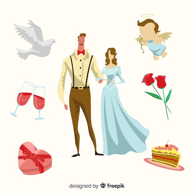 Vecteur gratuit couple de mariage dessiné à la main avec des ornements