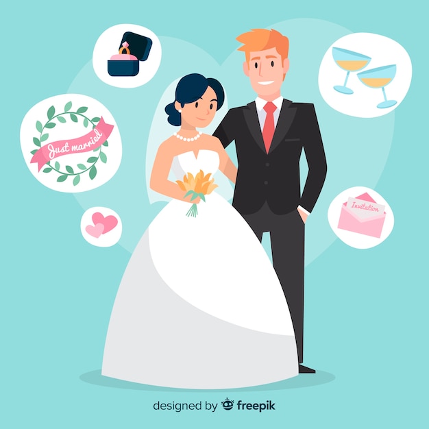 Couple De Mariage Dessiné à La Main Avec Des Ornements