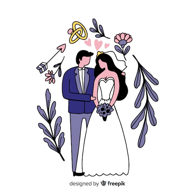 Couple De Mariage Dessiné à La Main Avec Des Ornements