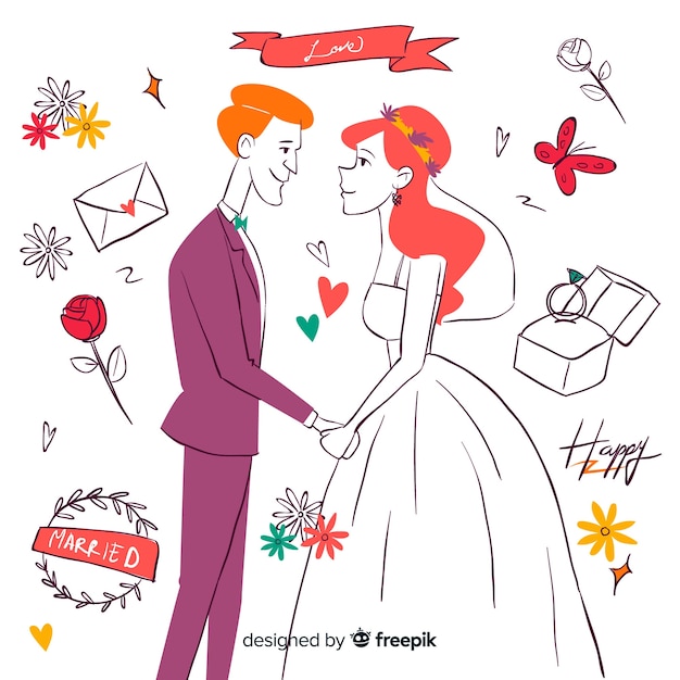 Couple De Mariage Dessiné à La Main Avec Des Ornements