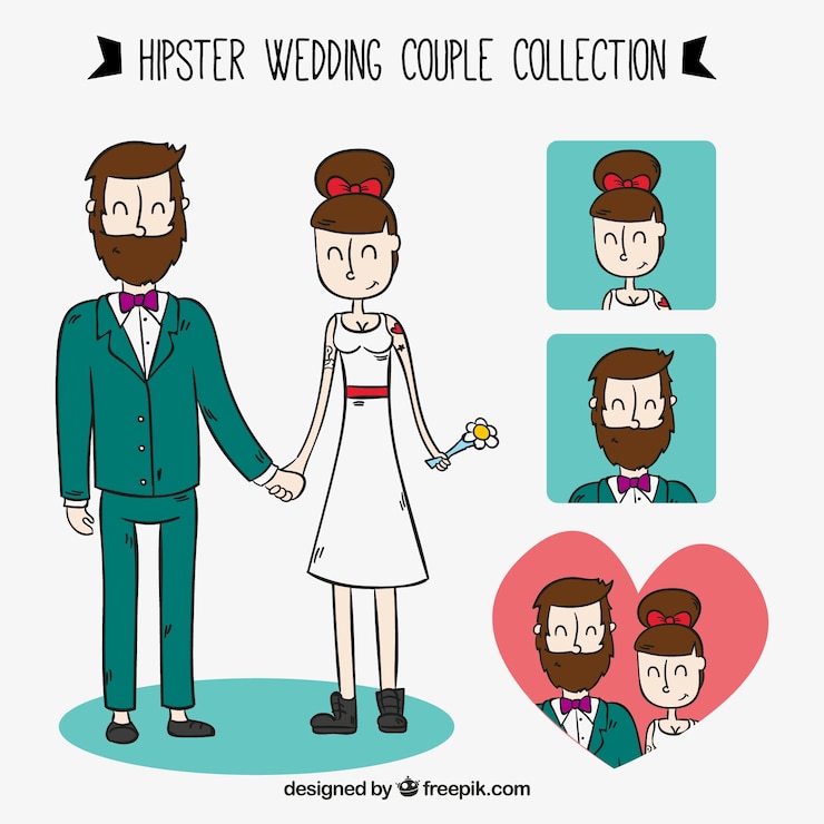 Vecteur gratuit couple de mariage de hippie hand-drawn