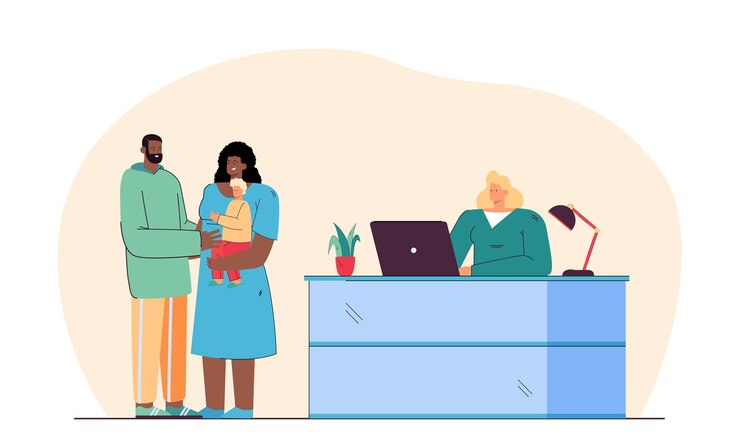 Vecteur gratuit couple marié adoptant un enfant à l'agence d'adoption